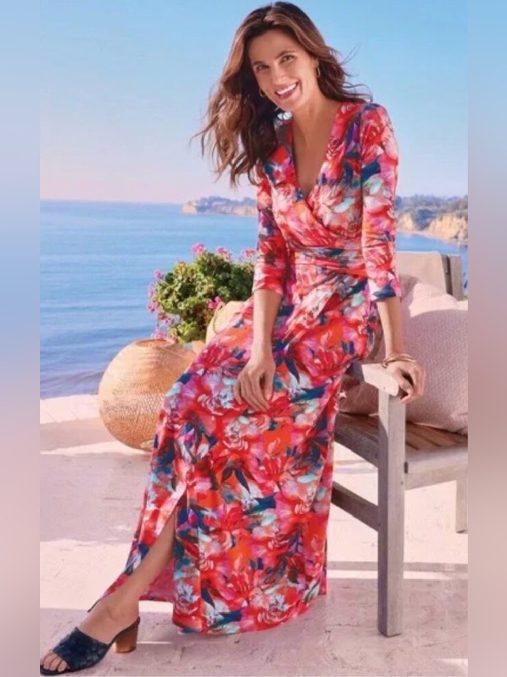 Soft Surroundings Le Kardin Maxi Dress Floral Faux Wrap Orange Pink Large